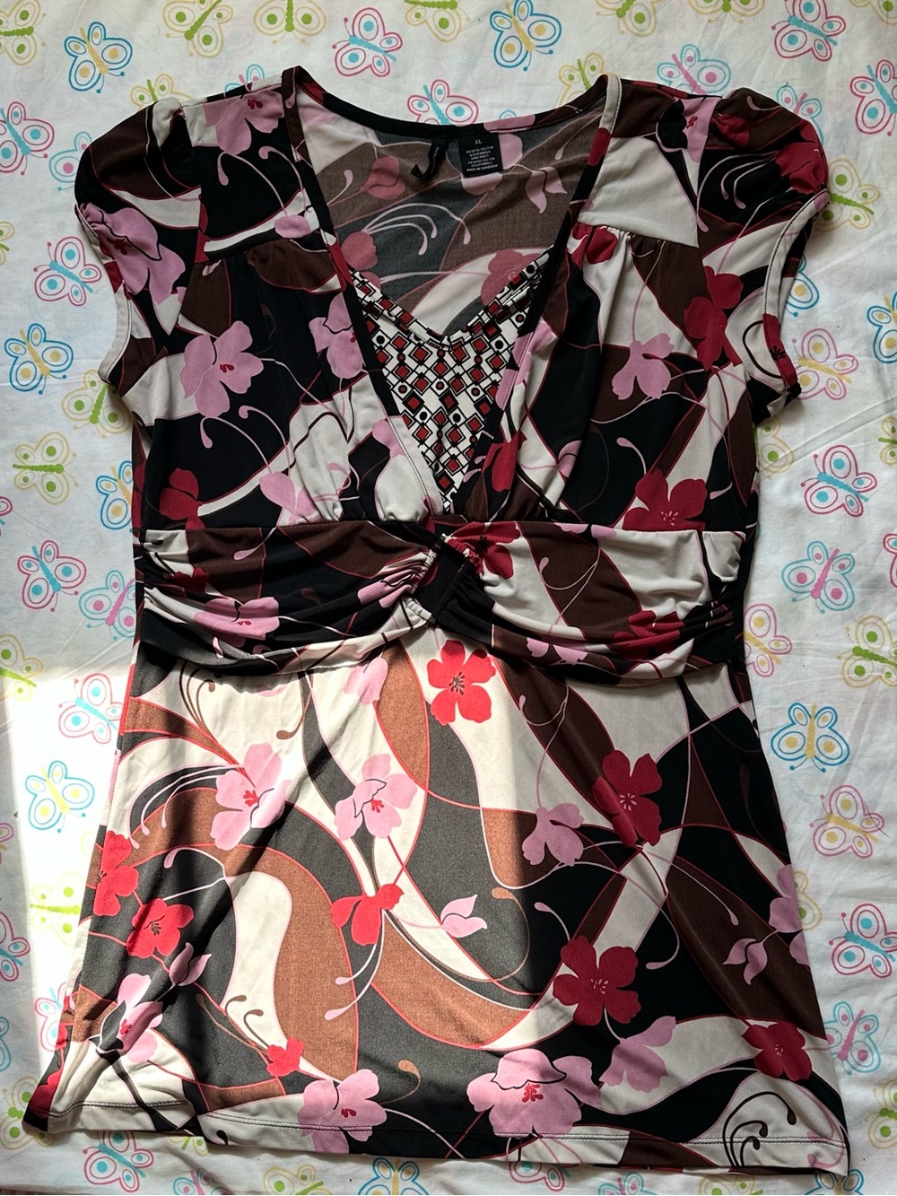 Y2K New Directions Brown / Pink / Red / Black / White Floral Print Top